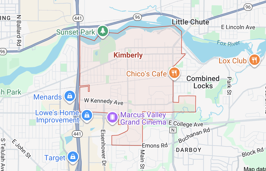A map of Kimberly, Wisconsin